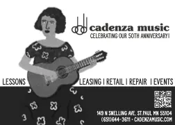 cartoon of a woman playing classical guitar to advertise Cadenza Music