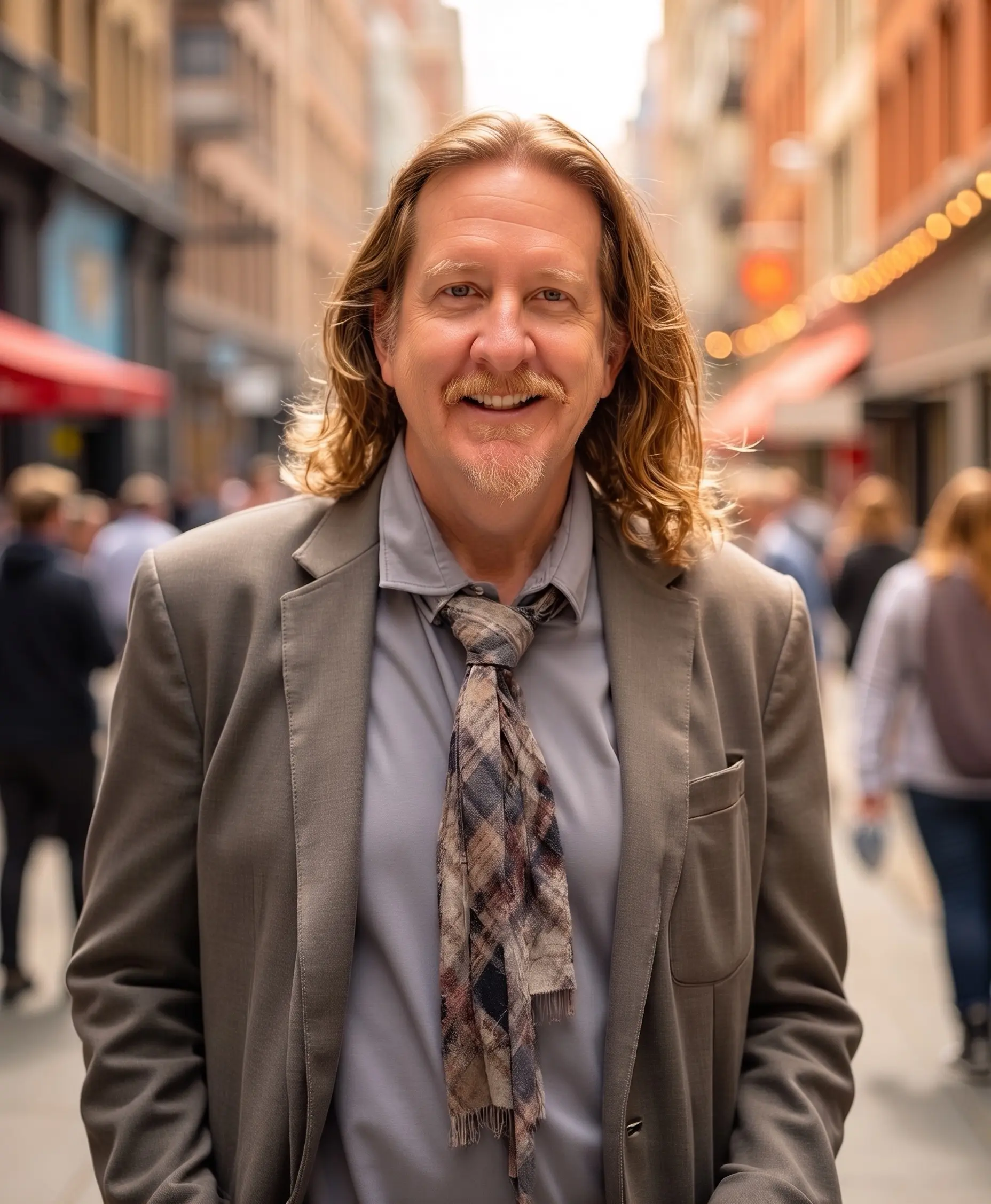 Joel wears a sport jacket and cravat while standing in front of a blurred city street background.